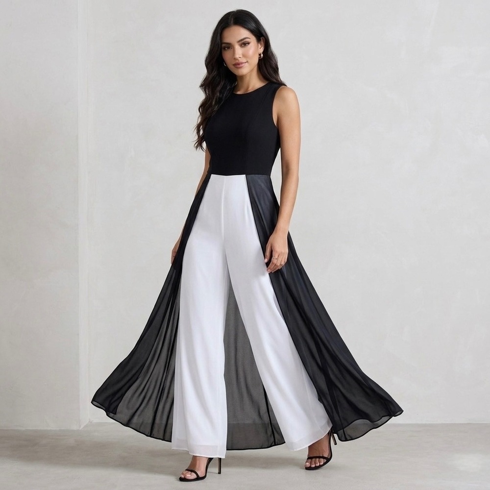 Marina Women‎ Black White Colorblock Chiffon Overlay Wide Leg Jumpsuit Size 14